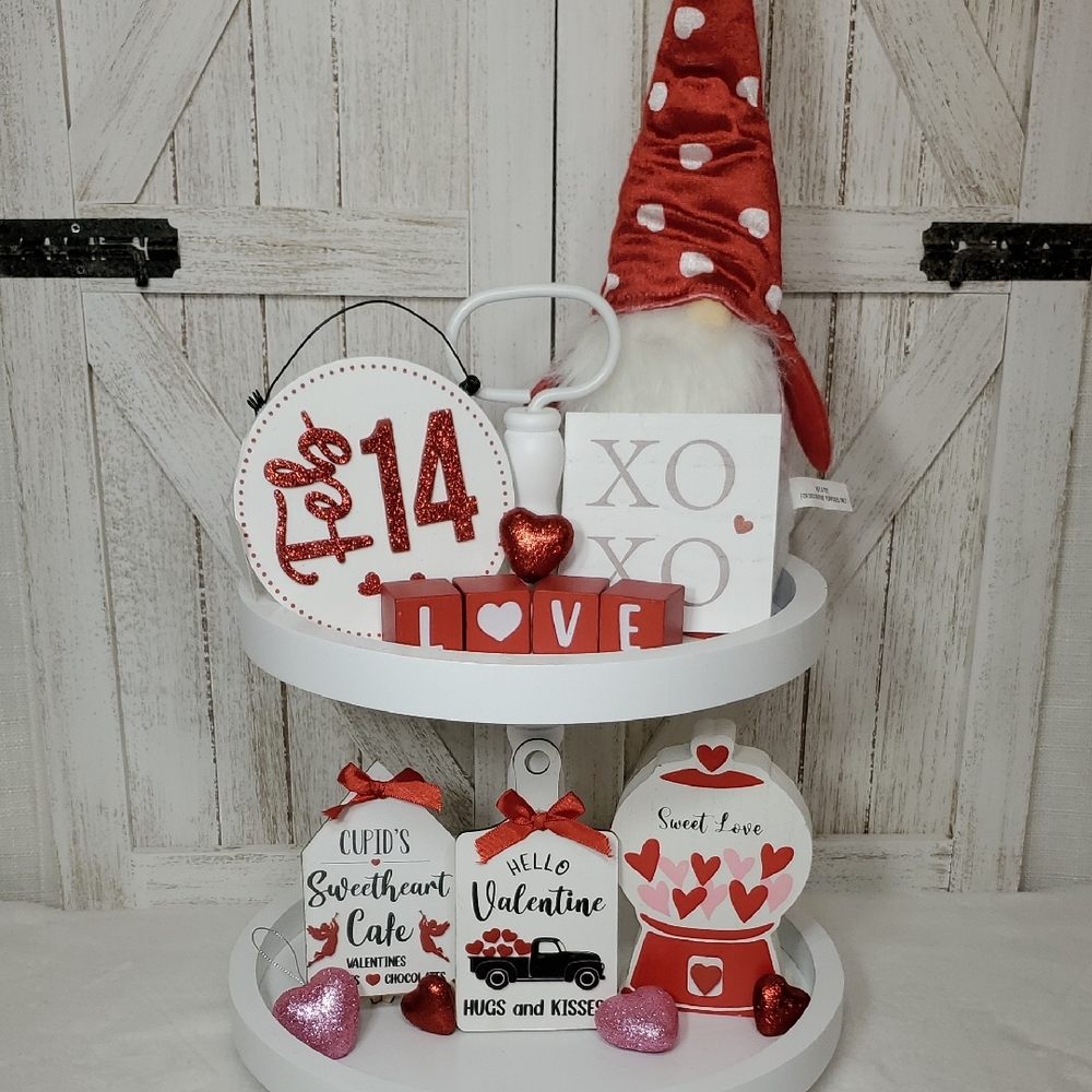 Valentine's Day Tiered Tray Decor Set Gnome Love Signs Love Bocks Heart Red